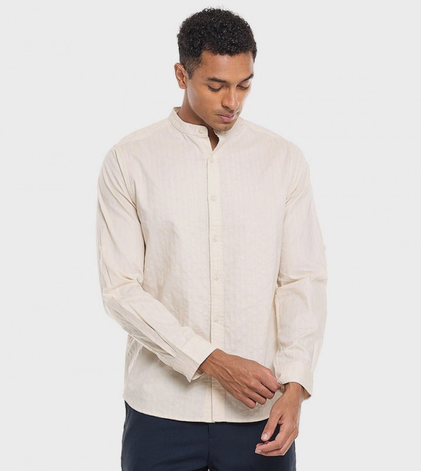 Solid Shirt With Stand Collar and Long Sleeves
