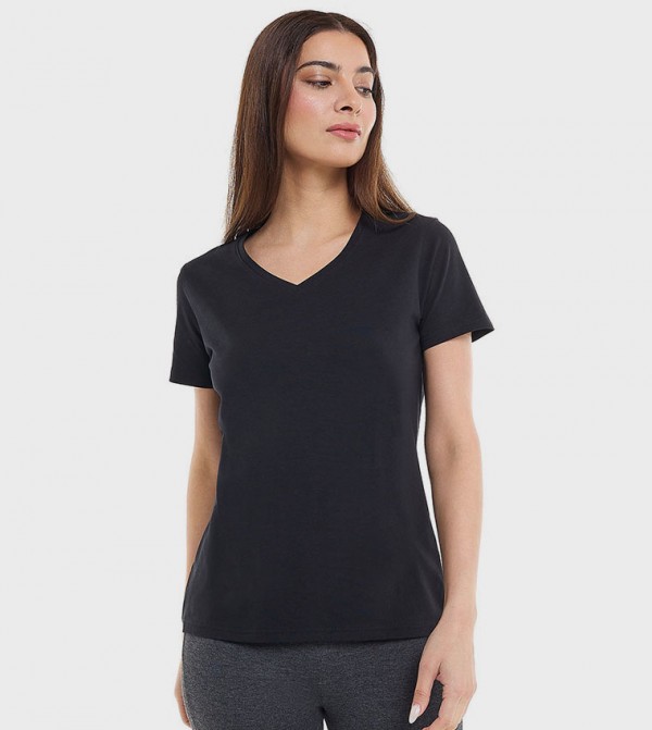Solid T-Shirt with V-Neck and Short Sleeves