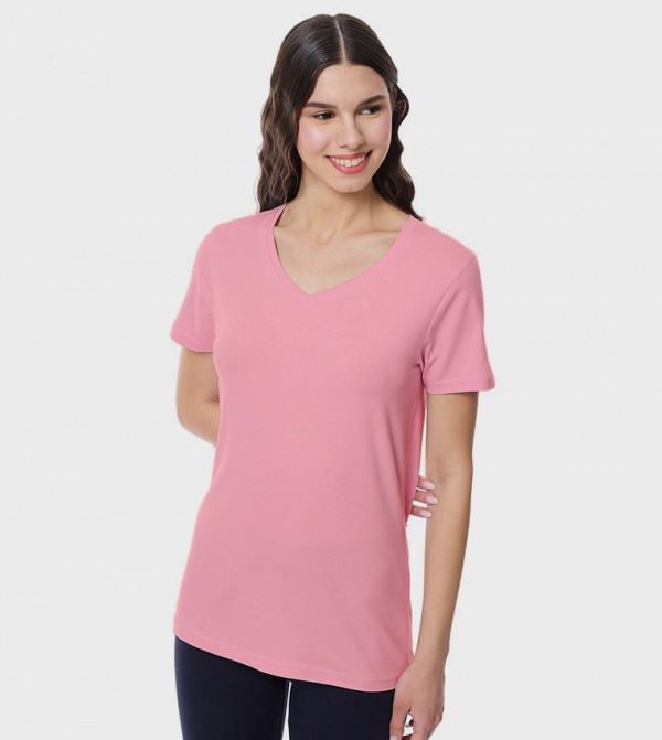 Solid T-Shirt with V-Neck and Short Sleeves