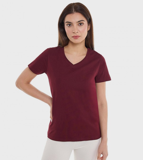 Solid T-Shirt with V-Neck and Short Sleeves