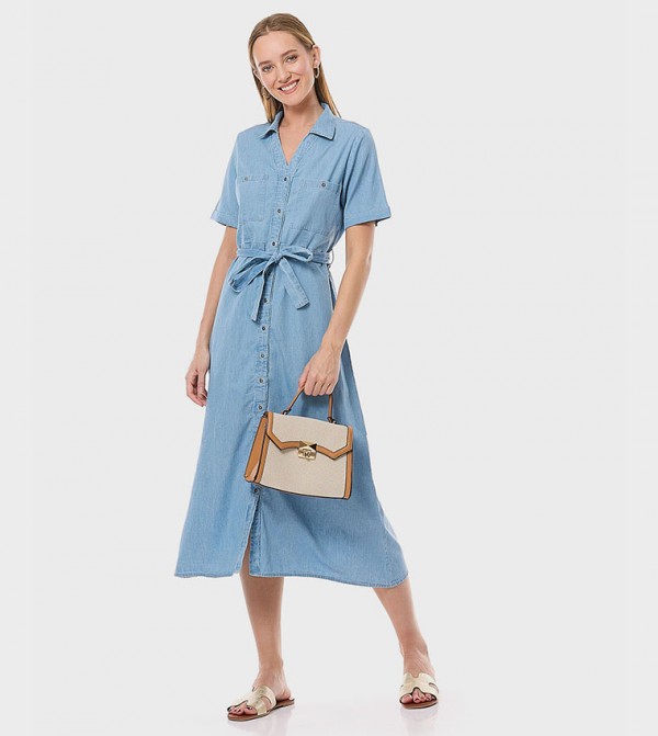 Belted Denim Shirt Dress with Collar and Short Sleeves
