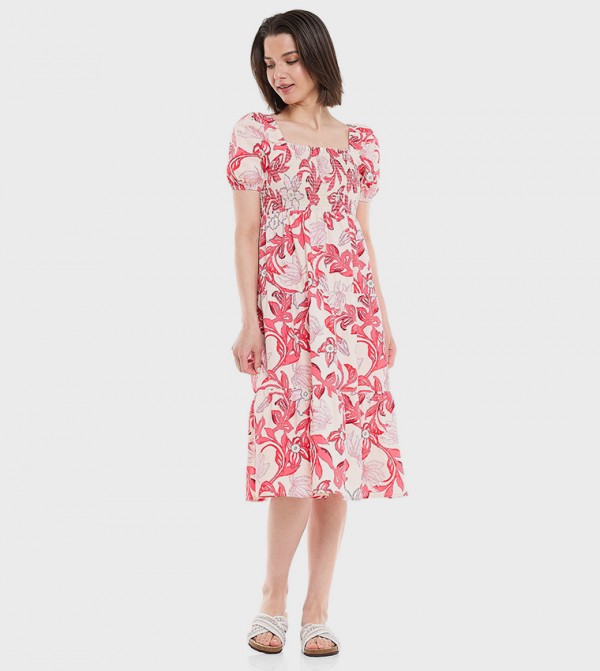 Printed Midi Dress with Square Neck and Puff Sleeves