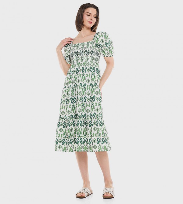 Printed Midi Dress with Square Neck and Puff Sleeves