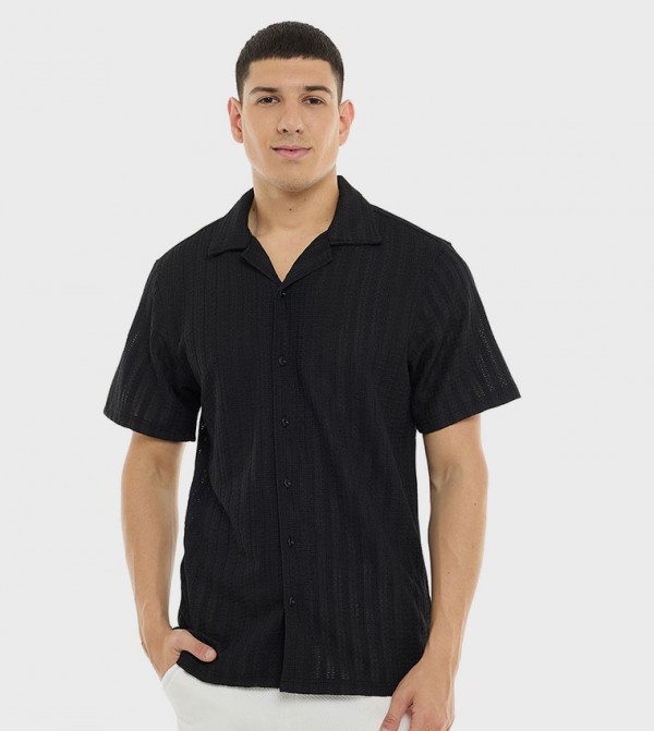 Textured Shirt with Revere Collar and Short Sleeves