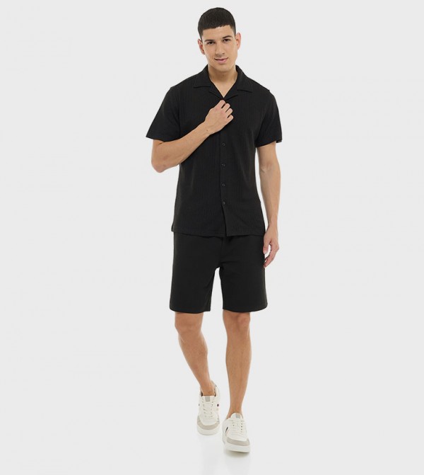 Textured Shirt with Revere Collar and Short Sleeves