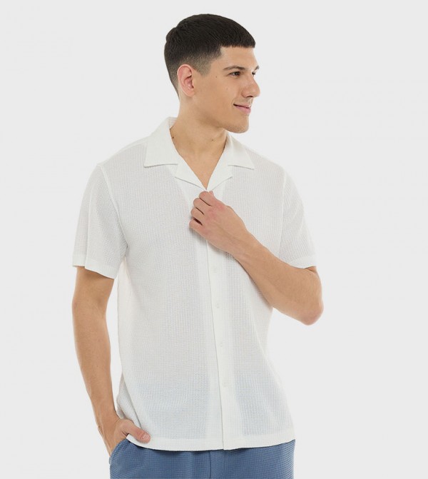 Textured Shirt with Revere Collar and Short Sleeves