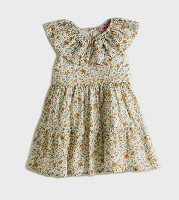 Floral Printed Flared Dress with Ruffle Sleeves
