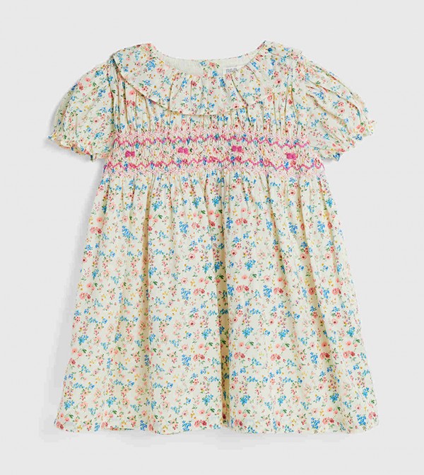 Floral Printed Dress with Crew Neck and Puff Sleeves