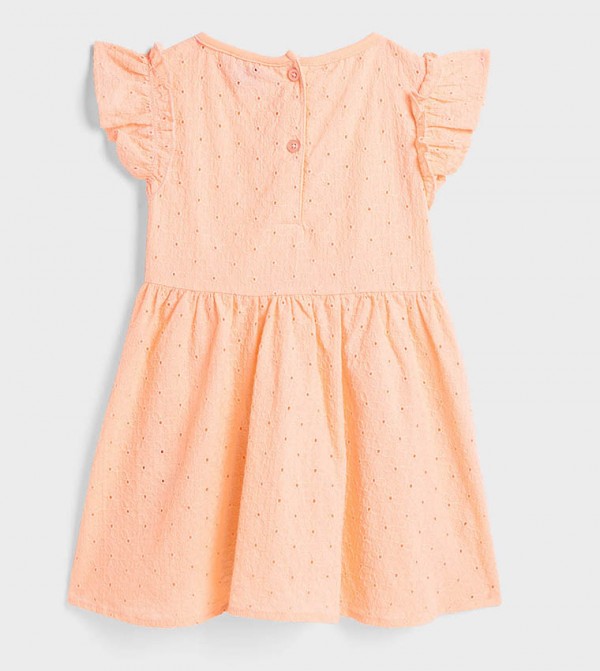 Schiffli Dress with Crew Neck and Ruffle Sleeves
