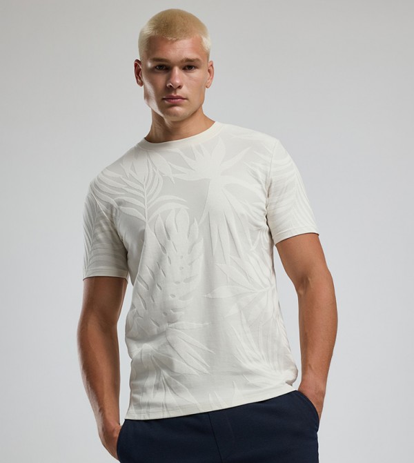 Self Design T-Shirt with Crew Neck and Short Sleeves