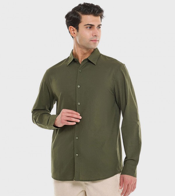 Solid Shirt With Stand Collar and Long Sleeves
