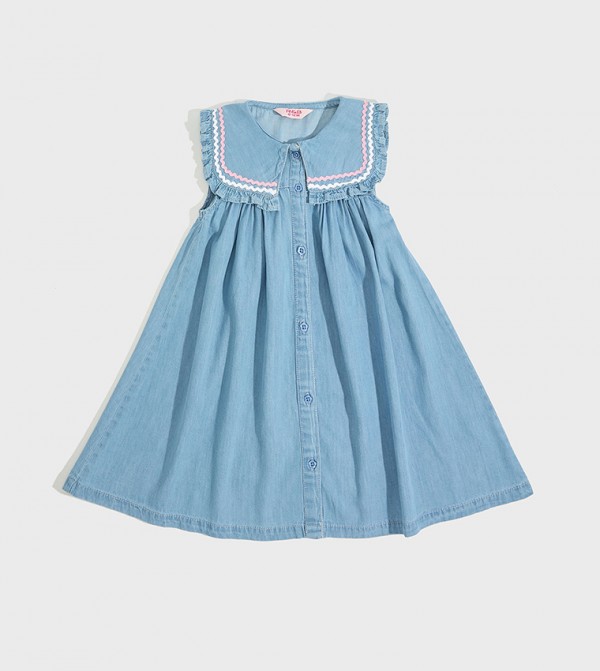 Lace Trim Flared Denim Dress