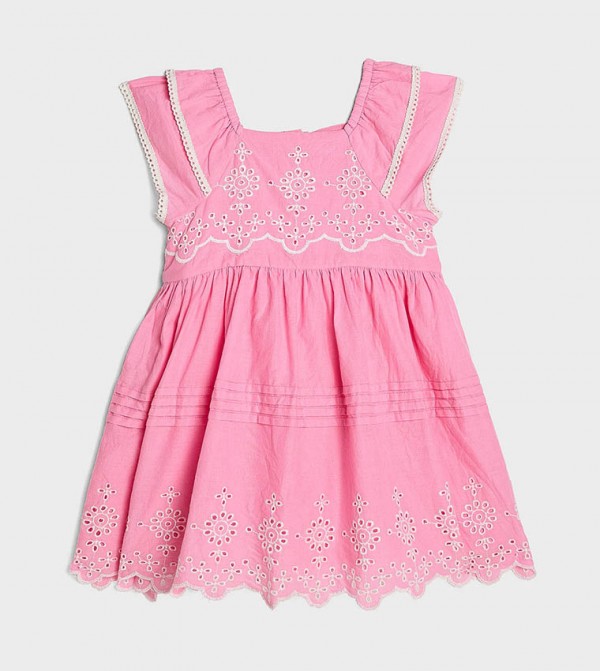 Schiffli Dress with Square Neck and Cap Sleeves