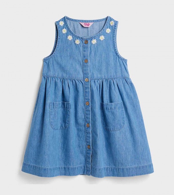 Embroidered Sleeveless Denim Dress with Round Neck