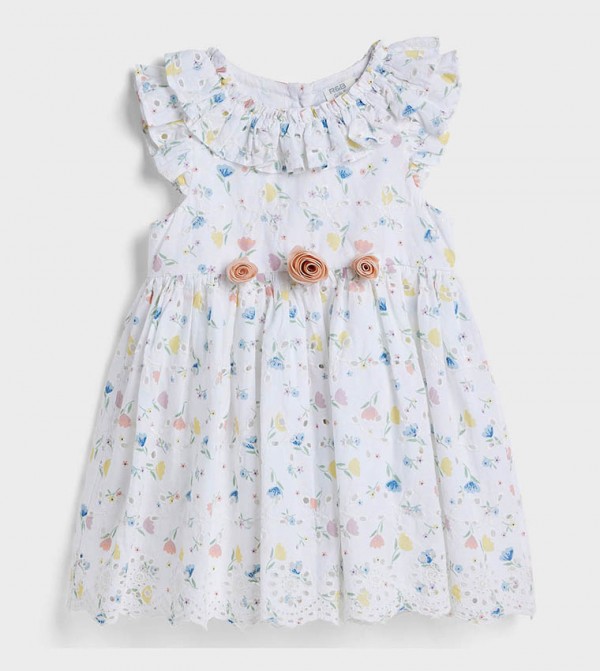 Floral Printed Dress with Crew Neck and Ruffle Sleeves