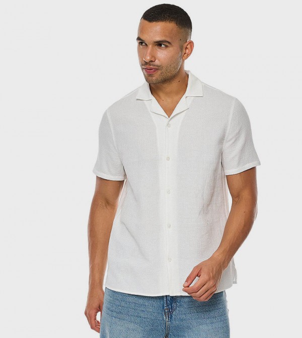 Textured Shirt with Revere Collar and Short Sleeves