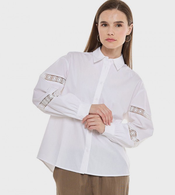 Lace Trim Short with Classic Collar and Long Sleeves