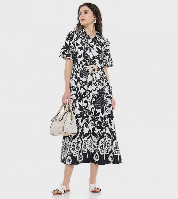 Patterned Shirt Dress with Classic Collar and Short Sleeves