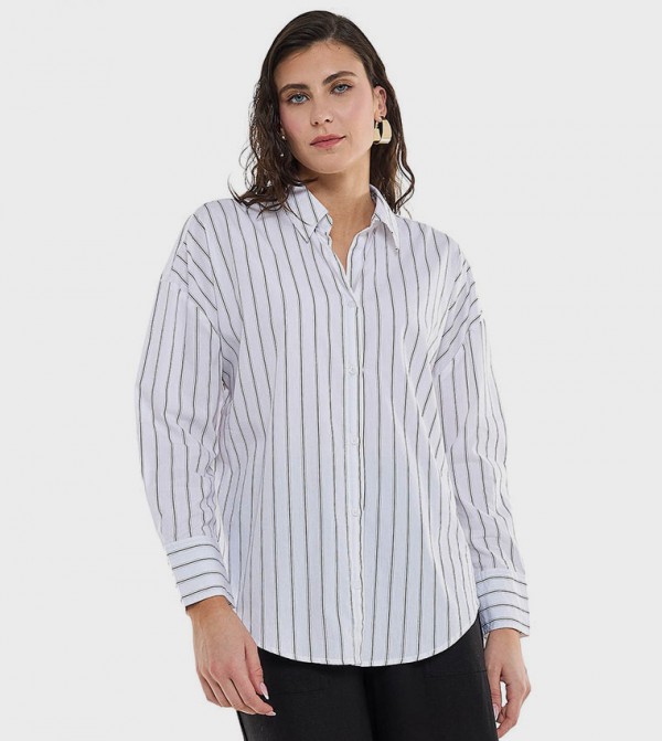 Striped Shirt Tunic with Classic Collar and Long Sleeves