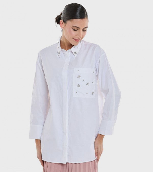 Embellished Tunic with Classic Collar and Long Sleeves