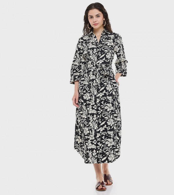 Patterned Shirt Dress with Classic Collar and 3/4 Sleeves