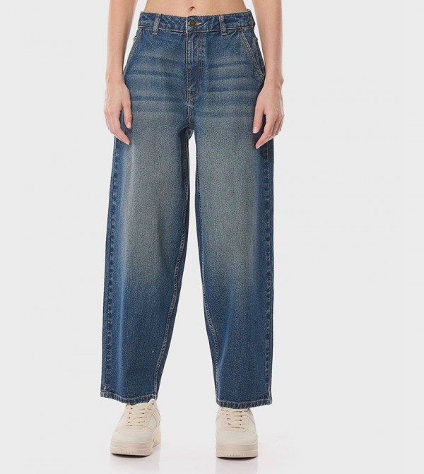 Faded Barrel Fit Jeans with Button Closure