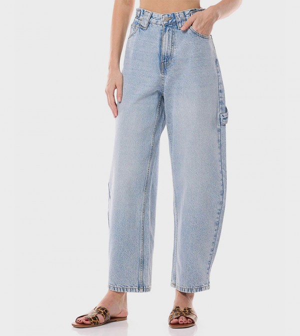 Faded Barrel Fit Jeans with Button Closure