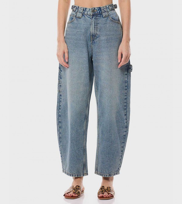 Faded Barrel Fit Jeans with Button Closure