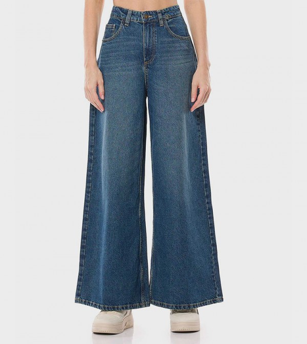 Faded Wide Leg Jeans with Button Closure