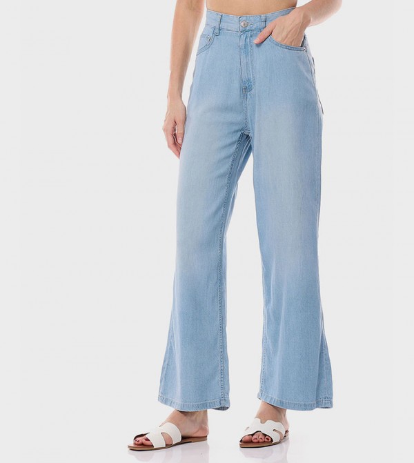 Faded Wide Leg Jeans with Button Closure