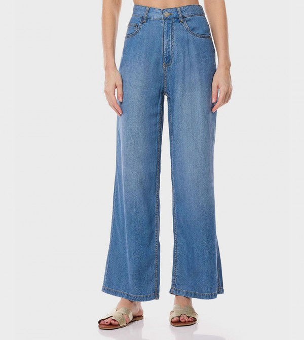 Faded Wide Leg Jeans with Button Closure
