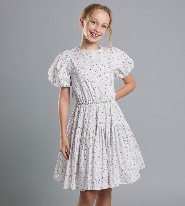 Printed Fit and Flare Dress with Puff Sleeves