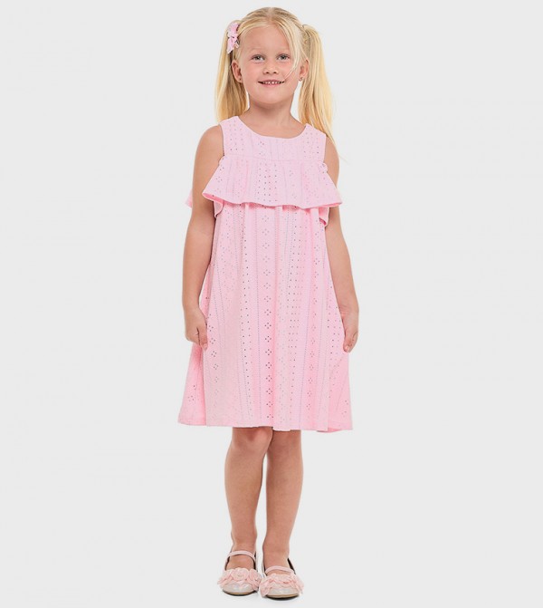 Schiffli Sleeveless Dress with Crew Neck