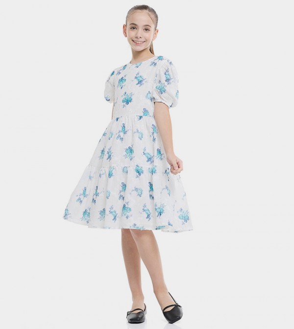 Printed Flared Dress with Crew Neck and Puff Sleeves