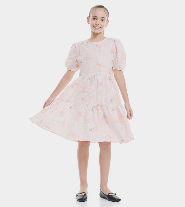 Printed Flared Dress with Crew Neck and Puff Sleeves