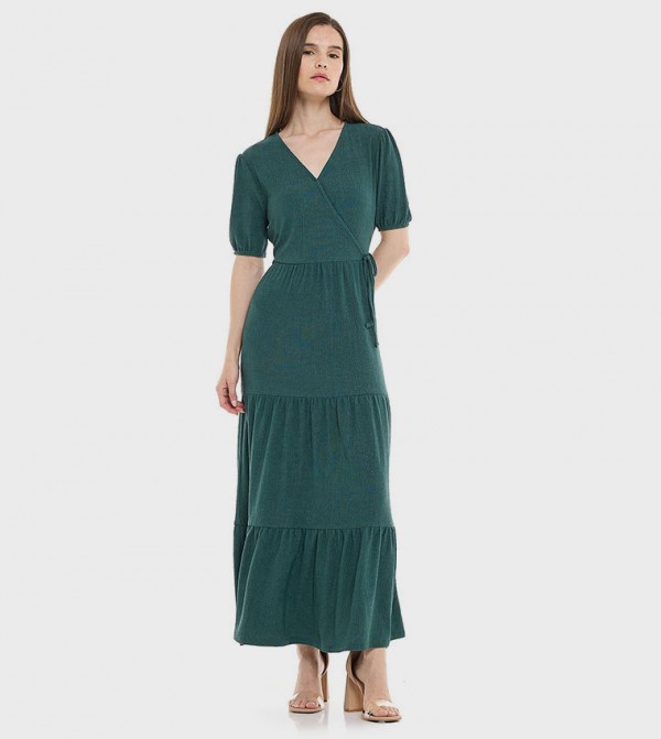 Solid Tiered Dress with V-Neck and Puff Sleeves