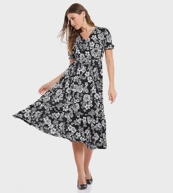 Floral Print A-Line Dress with V-Neck and Puff Sleeves