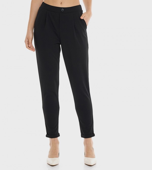 Solid Tapered Fit Pants with Elastic Waist