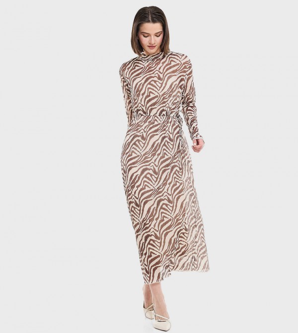 Patterned Midaxi Dress with Mock Neck and Long Sleeves