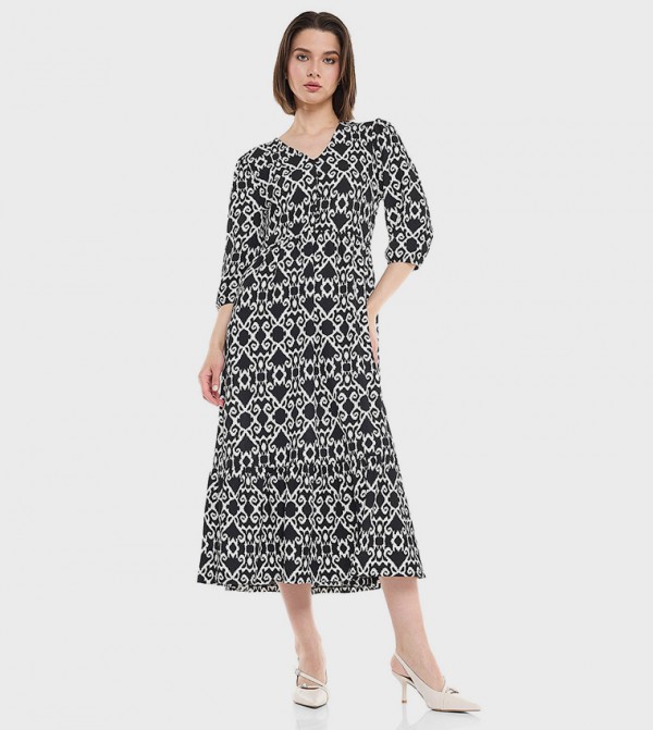 Printed Midi Dress with V-Neck and 3/4 Sleeves