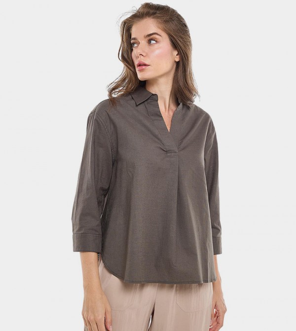 Solid Collared Top with 3/4 Sleeves