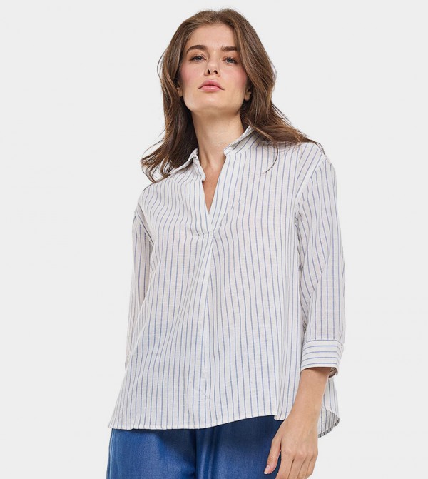 Striped Collared Top with 3/4 Sleeves