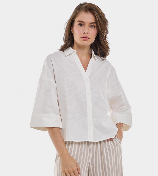 Solid Oversized Shirt with Classic Collar and Short Sleeves