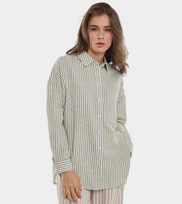 Striped Tunic Shirt with Classic Collar and Long Sleeves