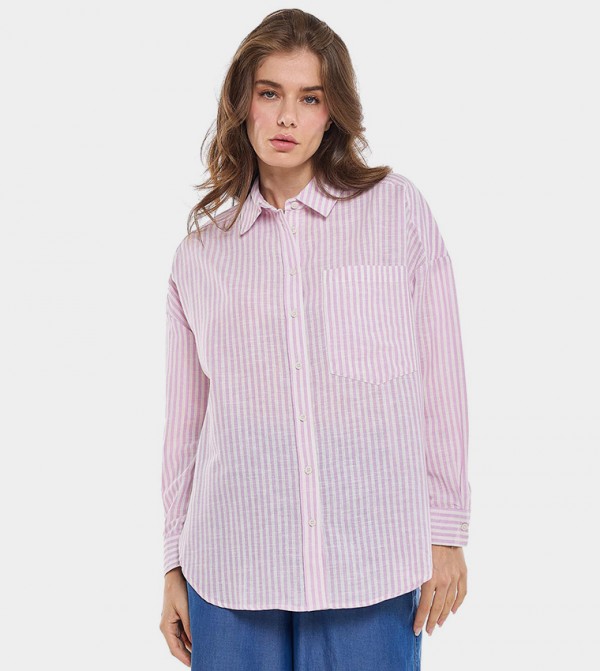 Striped Tunic Shirt with Classic Collar and Long Sleeves