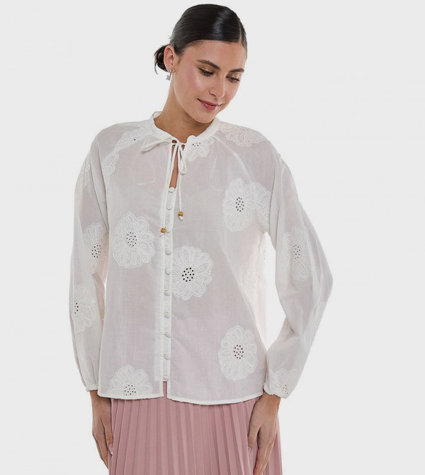 Embroidered Top with Tie-Up Neck and Long Sleeves