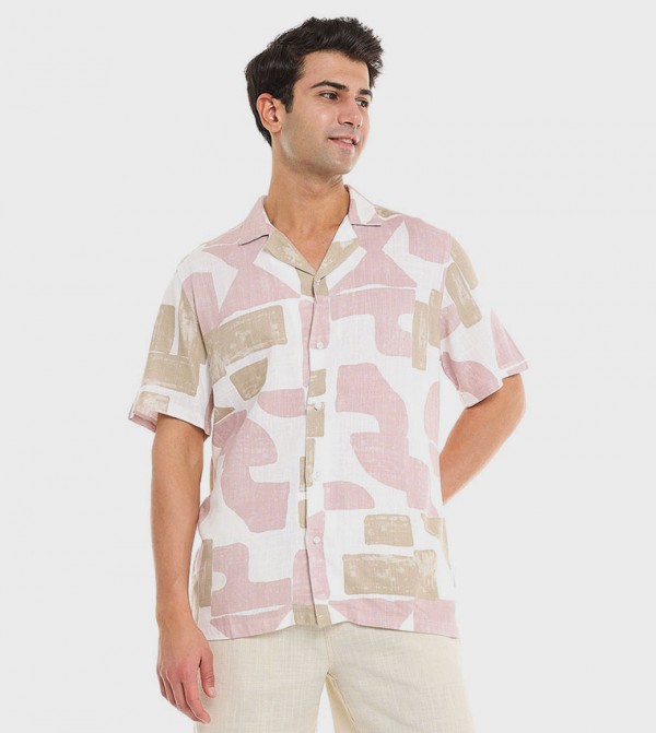 Patterned Shirt With Revere Collar and Short Sleeves