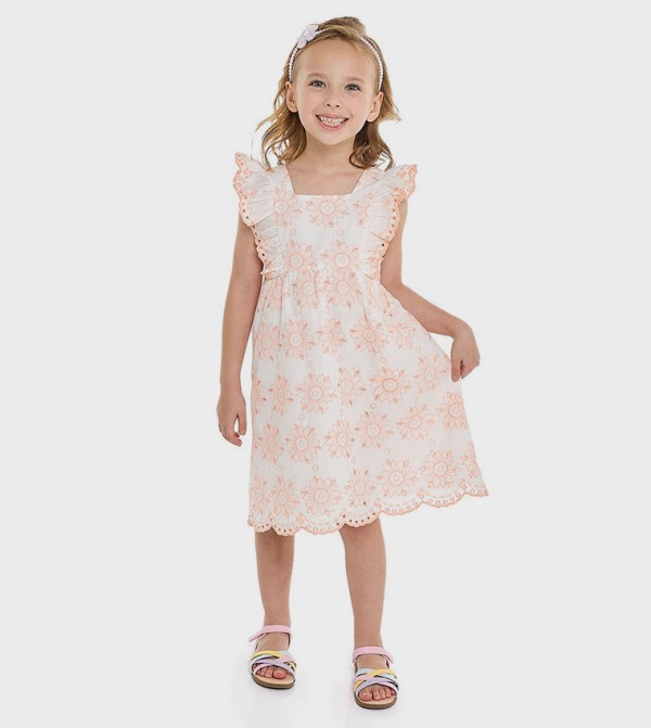 Schiffli Dress with Square Neck and Flutter Sleeves