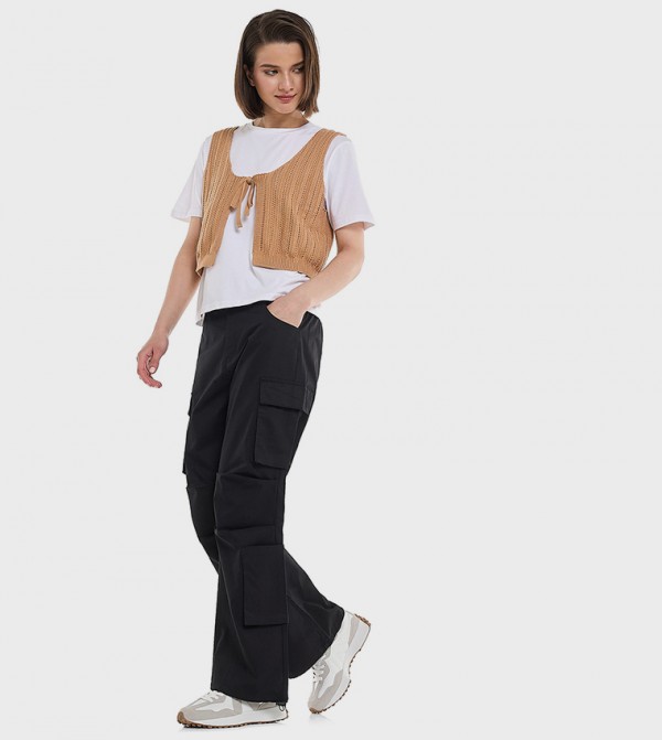 Solid Cargo Parachute Pants with Button Closure
