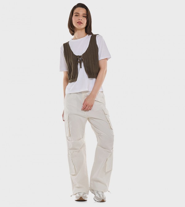 Solid Cargo Parachute Pants with Button Closure